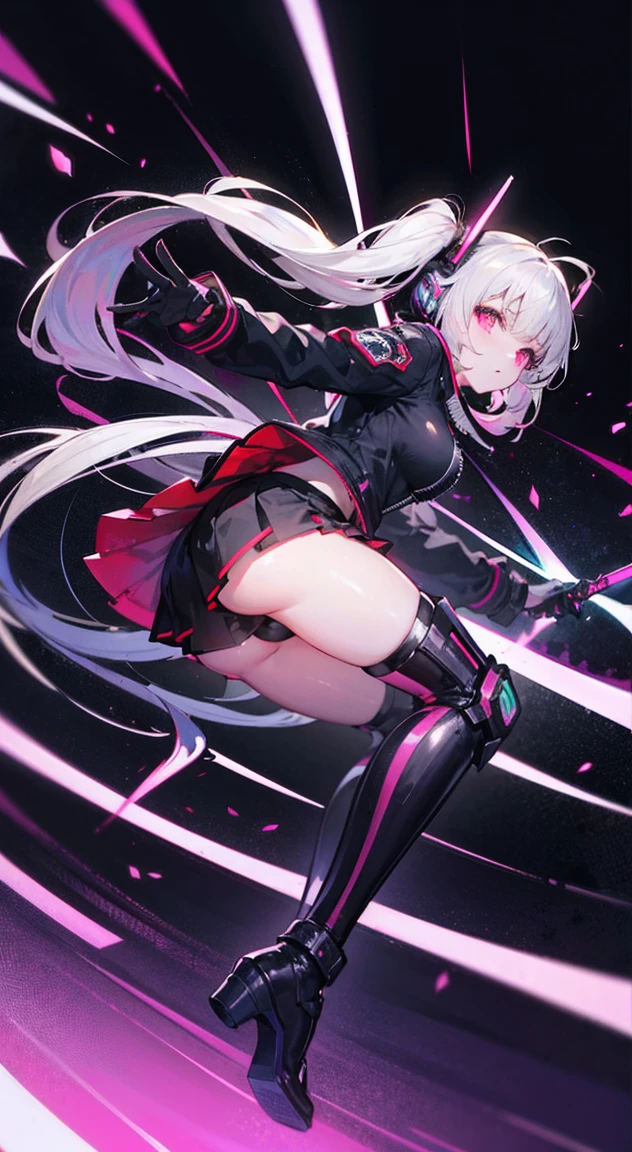 8K,Ultra Detail,ultra-quality,ultra precision,ultimate masterpiece,Girl(equipment mechanical sword)(Cyber punk),bomber jacket(Cyber),short skirt,long boots,(Cyber),twintail(silver and pinkg inner color),located night Cyber punk back alley,Theme of Cyber punk,view front,Dynamic combat Action pose in combat,motive of seventh dragon,neon  afterglow lines effect,