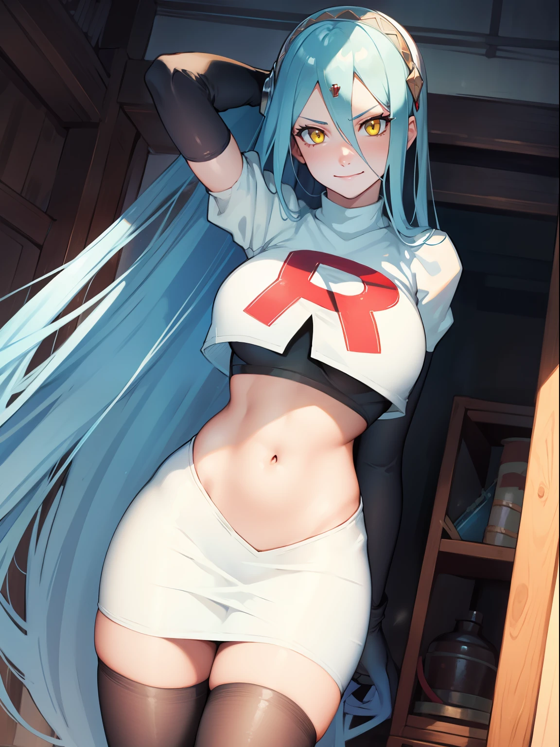 def_azura, yellow eyes ,1girl,team rocket,team rocket uniform, red letter R, white skirt,white crop top,black thigh-highs,black elbow gloves, evil smile, sexy poses