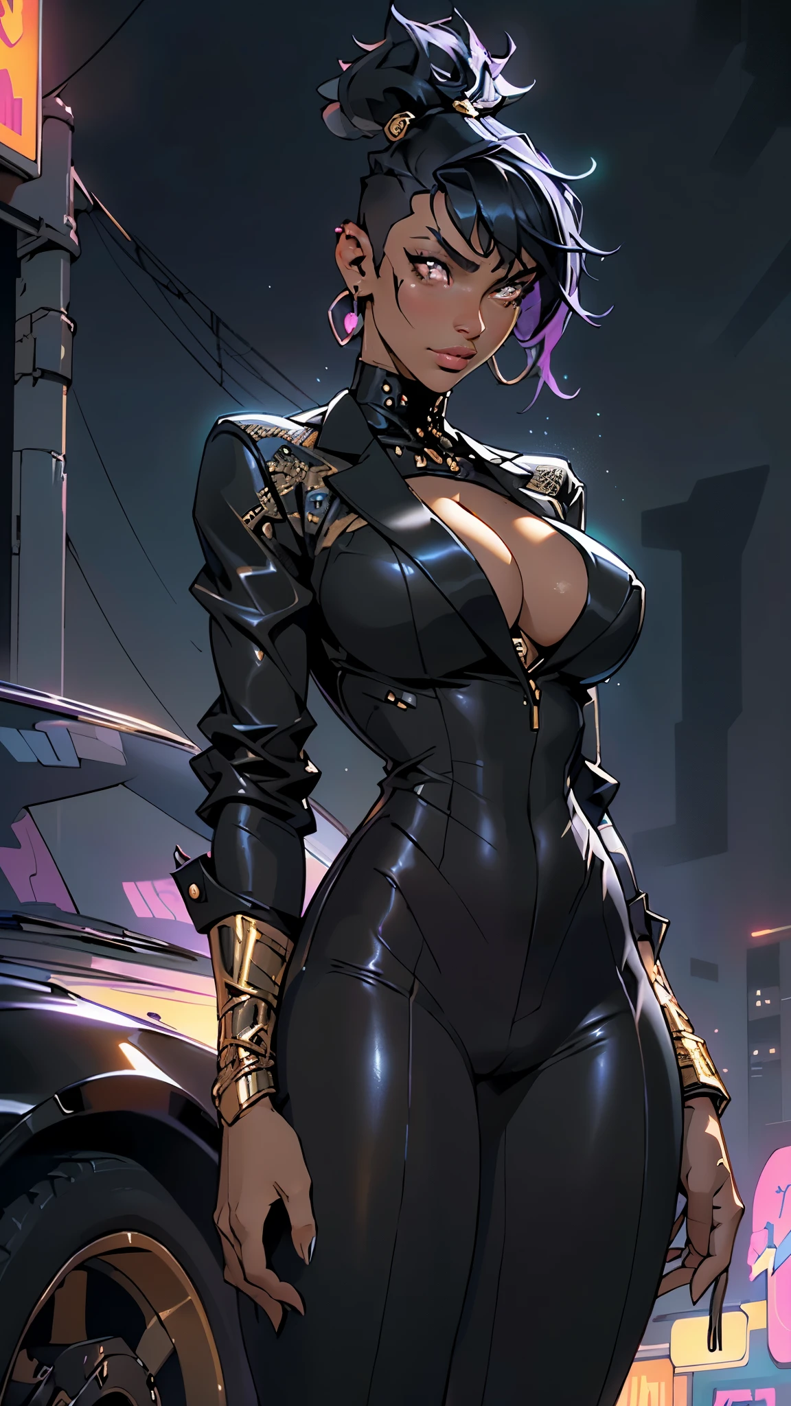 girl,((((black race)))),((beautiful girl)),
(large breasts:1.4),saggy breasts,(((black hair:1.4,hi-top fade Haircut:1.4,hi-top fade:1.3,Mohawk))),(((golden_eyes:1.3))),intricate eyes,beautiful detailed eyes,symmetrical eyes,((fat)),(((an,dark skin,black skin:1.35,dark-skinned_female,dark skin:1.3,ebony skin,lustrous skin:1.5,bright skin: 1.5,shiny skin,very shiny skin,shiny body,illuminated skin,wet legs))),(spider lower abdomen,narrow waist,wide hip,imbo body,inflated legs, thick thighs,detailed body,(detailed face)),
cute,slutty,seductive,erotic,(((nsfw))),evil woman, villain, ambitious look,
(((golden formal blazer,black formal pants,))),(((huge cleavage,deep neckline,cleavage))),((wet clothes,intricate outfit,intricate clothes)),
(dynamic pose:1.0),solo focus,((smug)),(centered,scale to fit dimensions,Rule of thirds),
cyberpunk city by the ocean at night, with bright neon signs and dark stormy clouds and puddles, scenery:1.25,nighttime, starry night, cosmos,Very dark night that makes the neon lights stand out, very bright neon lights,nighttime, starry night, cosmos,
highres, sharp focus, (ultra detailed, extremely detailed), (photorealistic artwork:1.37),(extremely detailed CG unity 8k wallpaper),((synthwave background theme)),(((vibrant colors))),(intricate background),(masterpiece),(best quality),
