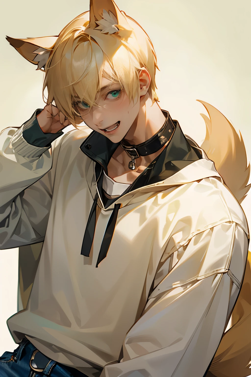 1boy, upper body, short blonde hair, dog boy, tall and strong, muscle, personification, dog ears, green eyes, white sweatshirt, alongside jeans, dog tail, laughs, Dog collar around neck, soft light, 8K, masterpiece, looking at viewer, pixiv