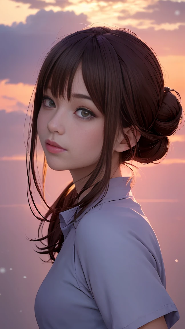 (highres,ultra-detailed,realistic:1.37),very detailed and accurate anime-style illustration,beautiful young girl's face with extremely detailed and perfectly round grey eyes, long brown hair tied up in a bun, pink shirt, background with overlapping clouds tinged with the colors of the sunset and falling snowflakes. A magnificent cage, intense red color, backlighting illuminating the beautiful hairline, inspired by Makoto Shinkai's animation style.