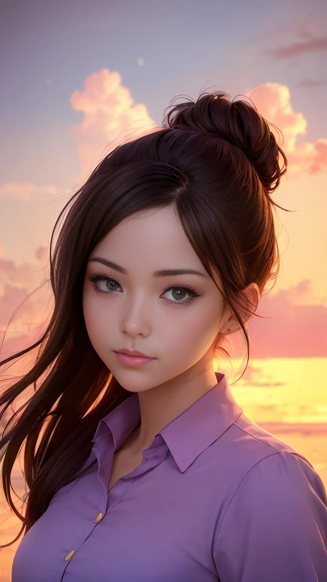 (highres,ultra-detailed,realistic:1.37),very detailed and accurate anime-style illustration,beautiful young girl's face with extremely detailed and perfectly round grey eyes, long brown hair tied up in a bun, pink shirt, background with overlapping clouds tinged with the colors of the sunset and falling snowflakes. A magnificent cage, intense red color, backlighting illuminating the beautiful hairline, inspired by Makoto Shinkai's animation style.