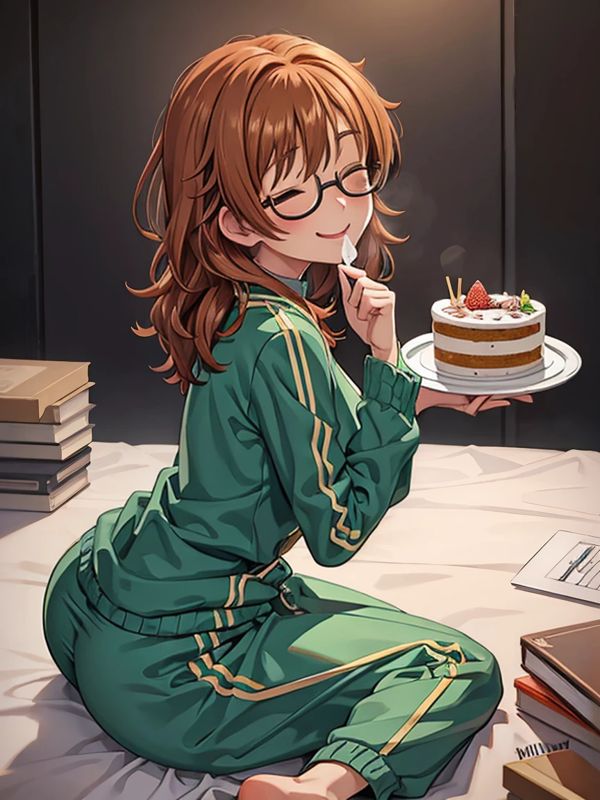 nsfw,masterpiece,best quality,Ultra detailed,8k,realistic,ultra detailed,highly detailed,physics-based rendering,beautiful eyes,beautiful face, BREAKcafe, book, cake, sitting, from side, dark orange midium hair, waviy hair, dark brown eyes, midium breasts, glasses,nipple,smile,grin,(one eye closed),(out tongue),blush, (green tracksuit),open clothes,table on breasts,(bukkake),(cum:1.2),(cum in mouth:1.2),(cum on body:1.2),(cum on butt:1.2),