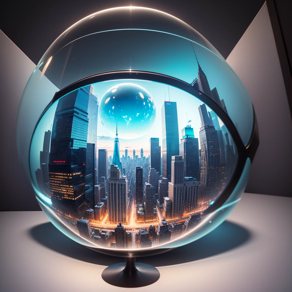 mini\(ttp\), (8k, RAW photo, best quality, masterpiece:1.2), cyberpunk city, miniature, landscape, isometric, ((inside a glass sphere)), ((plain wall in the background)), new york, neon