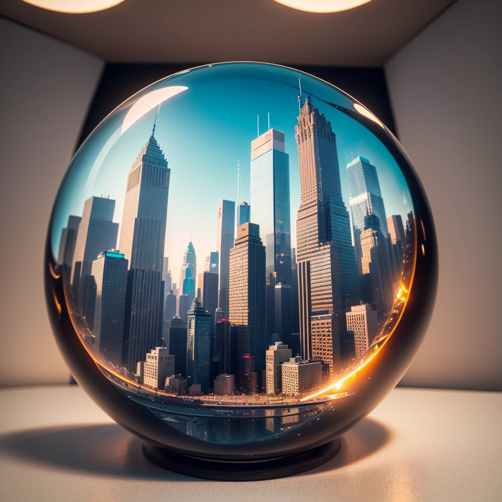 mini\(ttp\), (8k, RAW photo, best quality, masterpiece:1.2), cyberpunk city, miniature, landscape, isometric, ((inside a glass sphere)), ((plain wall in the background)), new york, neon