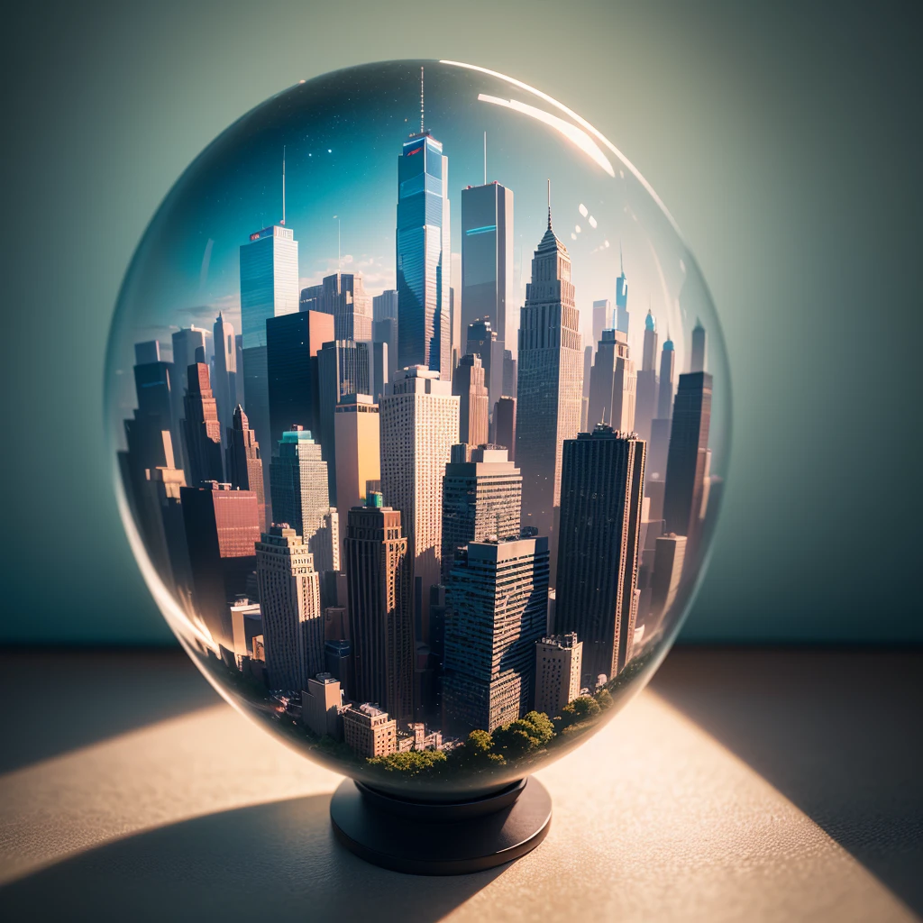 mini\(ttp\), (8k, RAW photo, best quality, masterpiece:1.2), cyberpunk city, miniature, landscape, isometric, ((inside a glass sphere)), ((plain wall in the background)), new york, neon