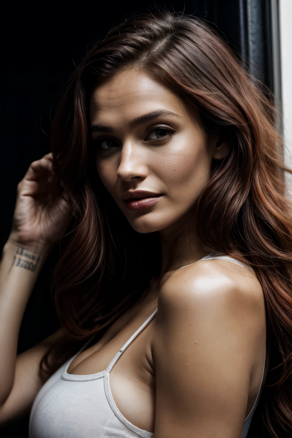 1 woman like girl next door, with coloured red hair, wearing a luxurious black sweater and black leather leggings, 23 years old, Mix out of 10% Megan Fox with fire red hair and 15% Gal Gadot with fire red hair and 20% Blake Lively with fire red hair, 172cm height, 62kg weight, perfectly shaped natural soft curly intense red hair, clear intense light green eyes, long dark black lashes, perfectly shaped dark black eyebrows, dark-caramel-tanned skin, slim and well-defined body, trained curvy body, elegant nose, small ears, full lips, white teeth, small soft ladylike hands, painted fingernails, perfectly styled, soft makeup, high resolution, masterpiece, best quality, intricate high detail, highly detailed, sharp focus, detailed skin, realistic skin texture, real skin texture, detailed eyes, professional, real life, ultra-realistic, photorealism, photography, realistic photography, UHD, Foto RAW