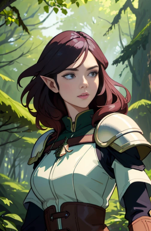 (masterpiece, best_quality, ultra-detailed, immaculate: 1.3), epic, illustration, wood elf scout, leather armor, dark hair, ((colored hair)), very long, in a lush spring forest, bombshell hair, hair blowing in wind, dense forest