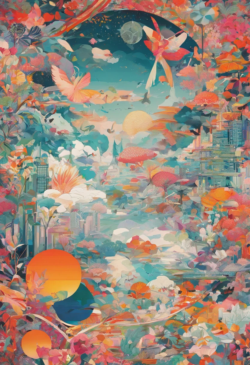 
"Develop a unique piece of digital art that incorporates surreal and futuristic elements, inspired by the fusion of advanced technology and exuberant nature. Explore the synergy between the organic and the mechanical, utilizando uma paleta de cores vibrantes e contrastantes. Highlight the harmony between abstract geometric shapes and patterns inspired by flora and fauna. Let your imagination flow, creating an immersive work of art that awakens a sense of wonder and futuristic exploration."