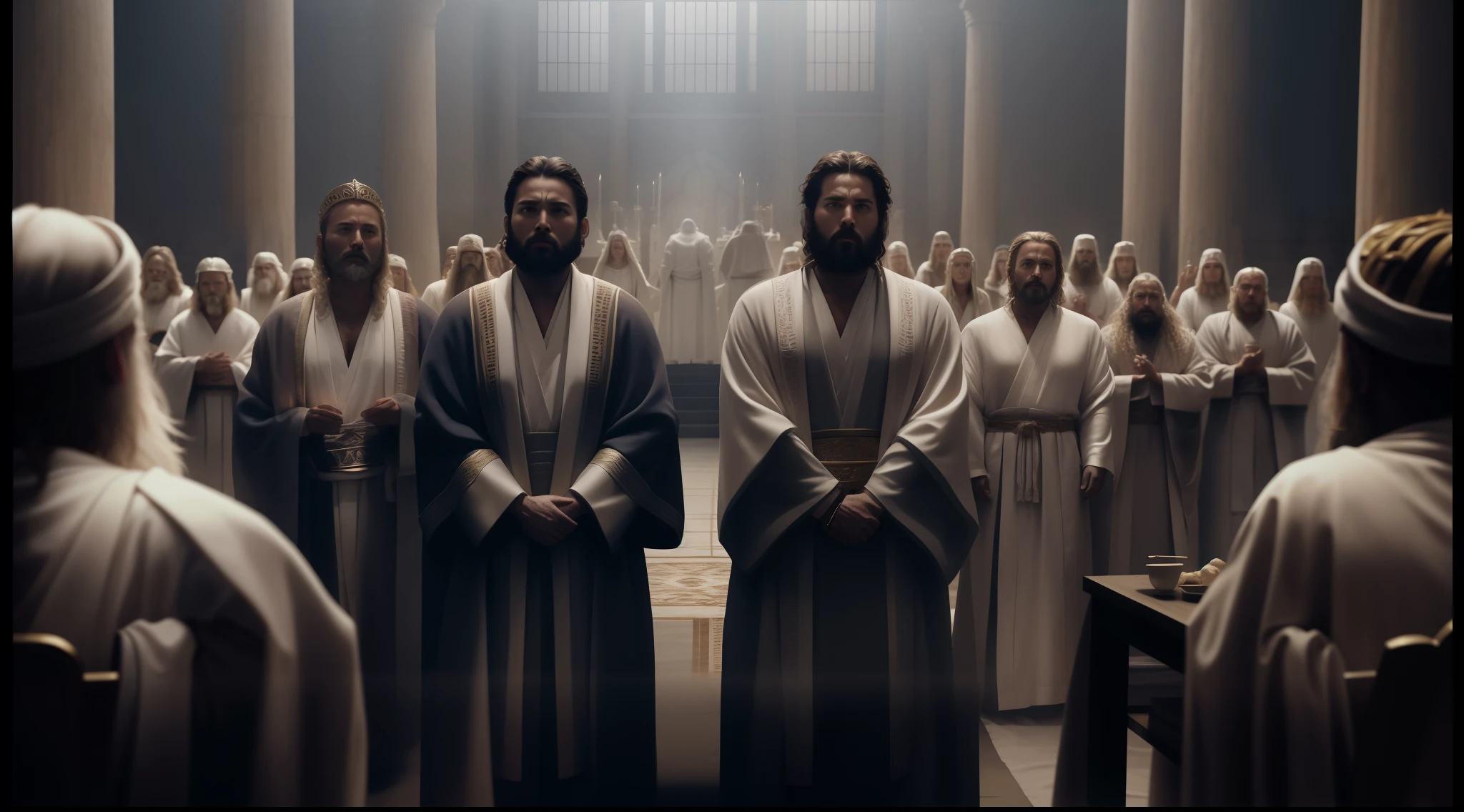 a close up of a group of people standing in a room, ancient kings in white robes, robed figures sat around a table, biblical epic movie, scene from live action movie, [ cinematic, movie promotional image, award winning cinematic still, opening scene, covered in robes, 8 k movie still, wearing flowing robes, omnious background