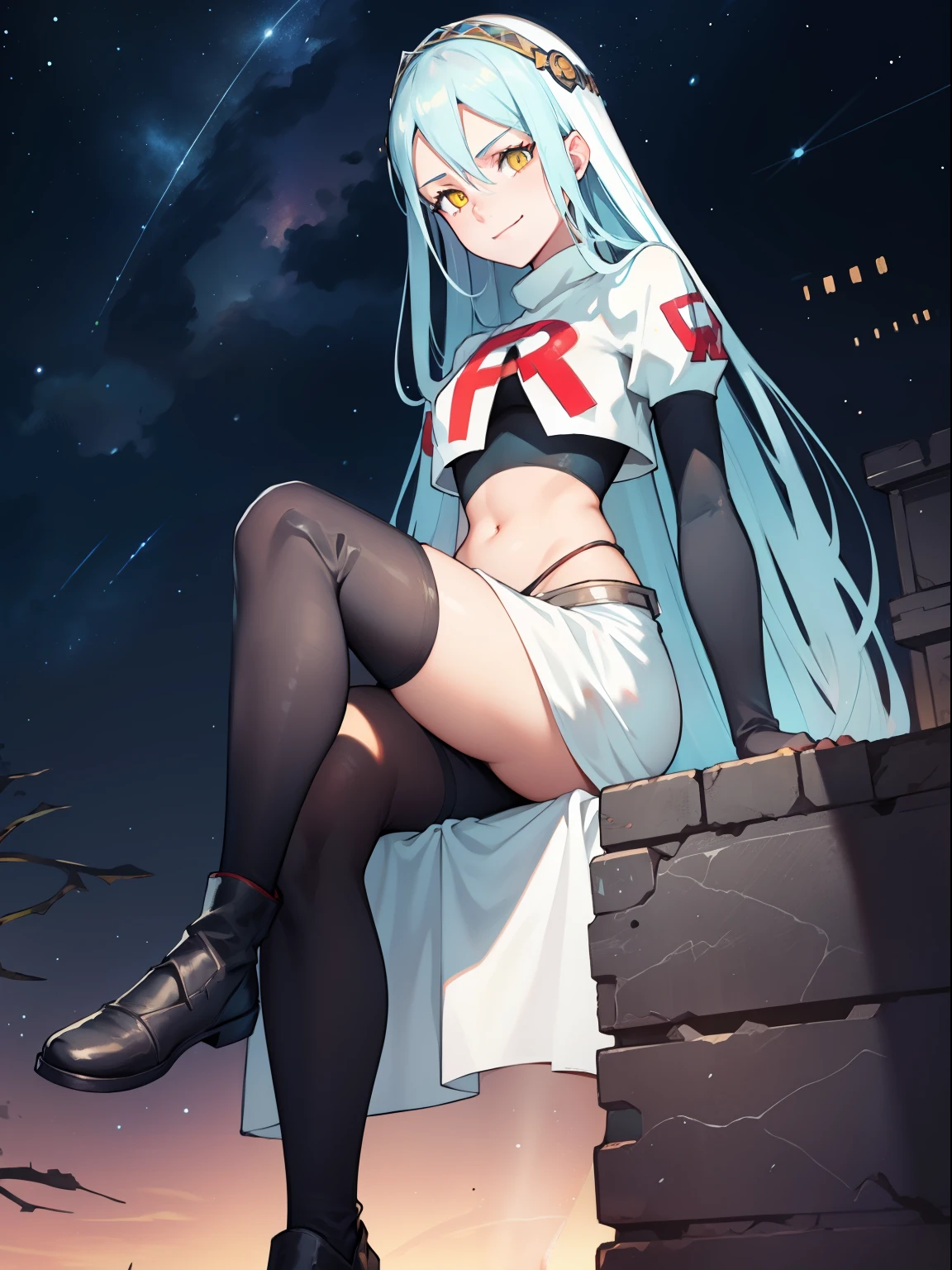 def_azura, yellow eyes ,1girl,team rocket,team rocket uniform, red letter R, white skirt,white crop top,black thigh-highs,black elbow gloves, evil smile, looking down on viewer, sitting down ,legs crossed, night sky background