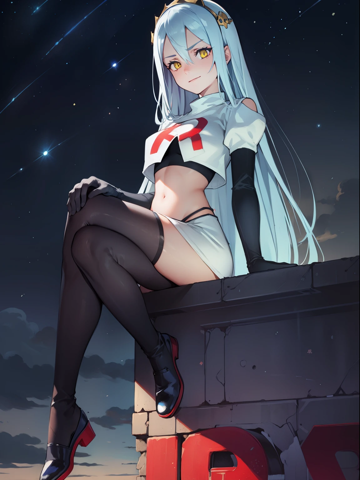 def_azura, yellow eyes ,1girl,team rocket,team rocket uniform, red letter R, white skirt,white crop top,black thigh-highs,black elbow gloves, evil smile, looking down on viewer, sitting down ,legs crossed, night sky background