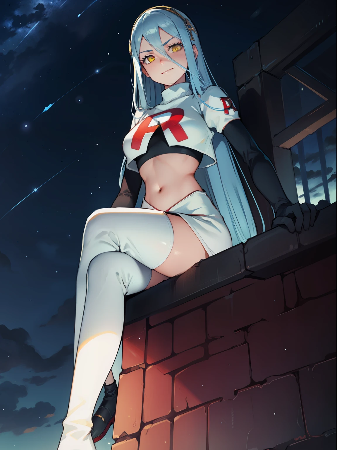 def_azura, yellow eyes ,1girl,team rocket,team rocket uniform, red letter R, white skirt,white crop top,black thigh-high boots ,black elbow gloves, evil smile, looking down on viewer, sitting down ,legs crossed, night sky background