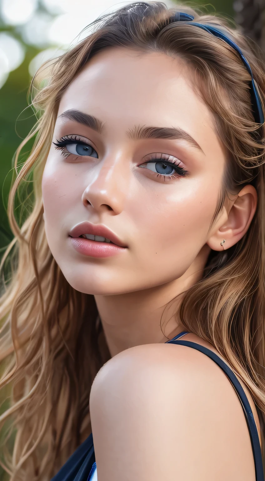 Full face portrait photo of a 25-year-old Belgian girl with a messy bun, portrait sophie mudd, aniela uhlig, dark blue eyes, .RAW, gorgeous woman, half-open strawberry lips, lips in dark red color with brightness, dimple, wistful look, (long, straight blonde hair), ((detailed Face)), ((detailed facial features)), (finely detailed skin), light brown skin, (masterpiece) (perfect aspect ratio)(Realistic photo)(best quality) (Detailed) photographed with a Canon EOS R5, 50mm lens, f/2.8, HDR, (8K), (Sharp focus ) (complicated), .RAW photo, .RAW photo, Giganhad photo, posing for camera, 8K UHD, DSLR, High quality, grain film, fujifilm XT3, detailed human skin has visible (wrinkles:0.625) and (small pores:0.75) and (blemishes:0.4)
