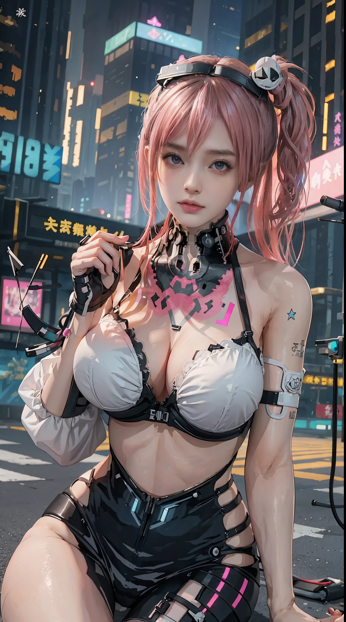 best quality)), ((masterpiece)), (Very detailed:1.3), 3D, beautiful (cyberpunk:1.3)), 1 girl, whole body, White ponytail hairstyle, Big breasts, slender figure, slender hips, Big breastss, lie down，Put your hands behind your head , bottom corner, from below, Dressed in full ((重型cyberpunk装甲)) 带有neon lights装饰, (head mounted display), optic fibre cable, company logo, Science fiction, Night cyberpunk city background, fat, In the Style of cyberpunk 2077, hyperrealistic photo, masterpiece, best quality, CG, wallpaper, human development report, high quality, HD, Very detailed, {beautiful Detailed face}, {Beautiful and delicate eyes}, (detail light){{intricate details}}, {high resolution}, ((Detailed face)), neon lights, chiaroscuro, key point, intricate details, Very detailed， suoer huge ，, thrilling, energetic, Normal, Low ISO, white balance, rule of thirds, big chest，Large aperture, 8K original, Highly efficient sub-pixels, sub-pixel convolution, glowing particles, pink hair， huge breasts，Robotic arm，explode，ruins，future world，war