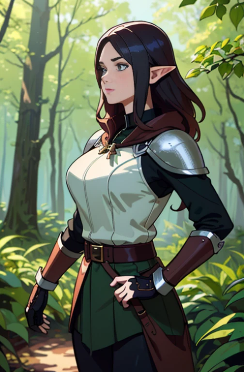 (masterpiece, best_quality, ultra-detailed, immaculate: 1.3), epic, illustration, wood elf scout, simple leather armor, dark hair, ((colored hair)), very long, in a lush spring forest, bombshell hair, hair blowing in wind, dense forest