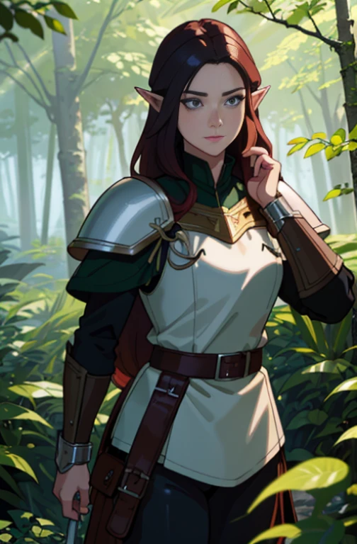 (masterpiece, best_quality, ultra-detailed, immaculate: 1.3), epic, illustration, wood elf scout, simple leather armor, dark hair, ((colored hair)), very long, in a lush spring forest, bombshell hair, hair blowing in wind, dense forest