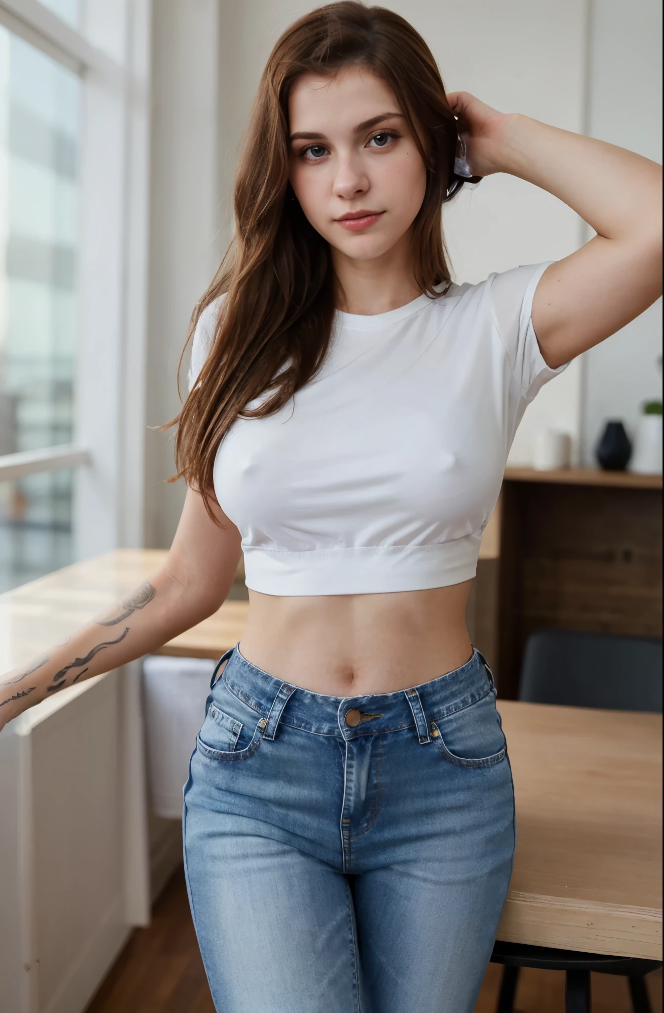 there is a woman that is standing in front of a table, tight shirt, wearing tight shirt, wearing a cute top, dressed in a white t shirt, white top, jeans, wearing tight simple clothes, casual clothes, touching her clothes, wearing a sexy cropped top, wearing casual clothes, wearing in shirt, brown hair and a perfect body, clothed in white shirt, masterpiece), best quality, high resolution, extremely detailed, blurred background, depth of field, cinematic lighting, sexy young woman, realistic , beautiful succubus, (derevschikova: 1.4), beautiful alluring , perfect nose, ultra beautiful, with her long, perfect beautiful, realistic , epic beautiful, 8k, fuji xt3, not cropped, premium wide open city ” large breasts