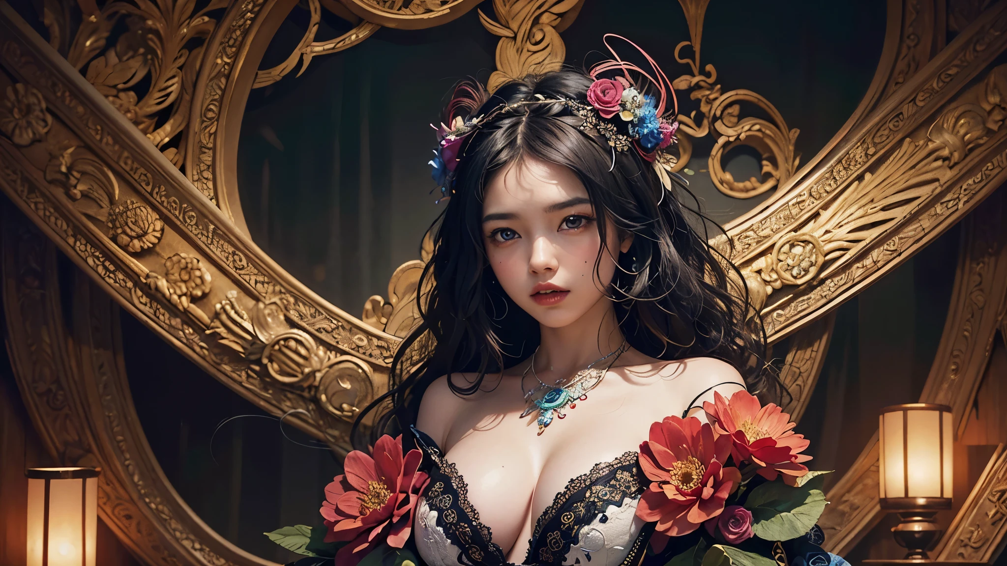 official art, unity 8k wallpaper, ultra detailed, beautiful and aesthetic, SOLO, 1 girl, masterpiece, best quality, (zentangle, mandala, tangle, entangle), (ecstasy of flower:1.2), dynamic angle, cowboyshot, the most beautiful form of chaos, elegant, a brutalist designed, vivid colours, romanticism, atmospheric