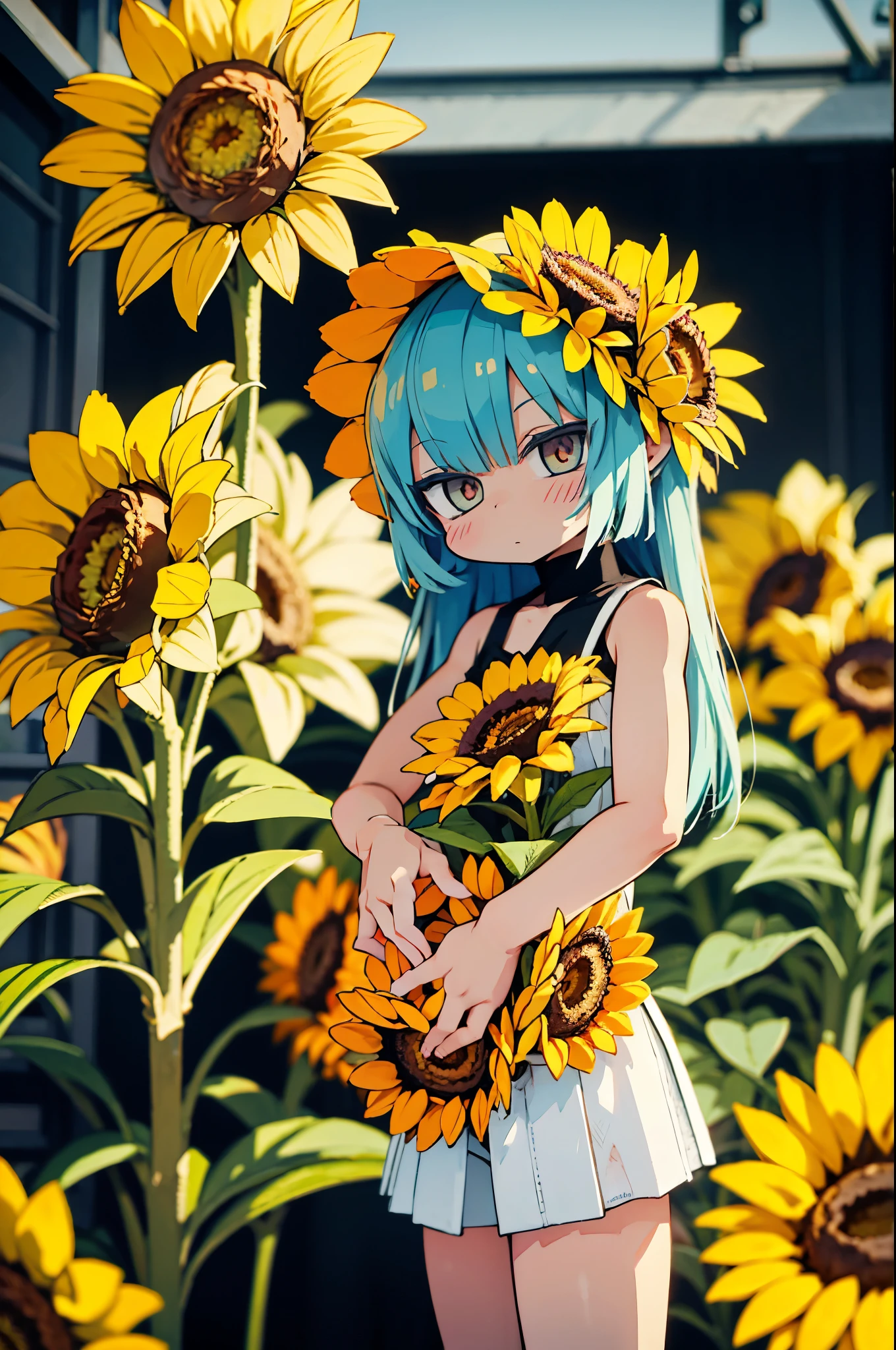 A female artist who expresses sunflowers with her body.