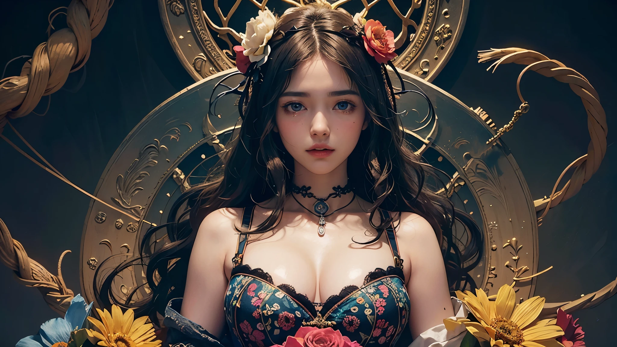 official art, unity 8k wallpaper, ultra detailed, beautiful and aesthetic, SOLO, 1 girl, masterpiece, best quality, (zentangle, mandala, tangle, entangle), (??????? of flower:1.2), dynamic angle, cowboyshot, the most beautiful form of chaos, elegant, a brutalist designed, vivid colours, romanticism, atmospheric