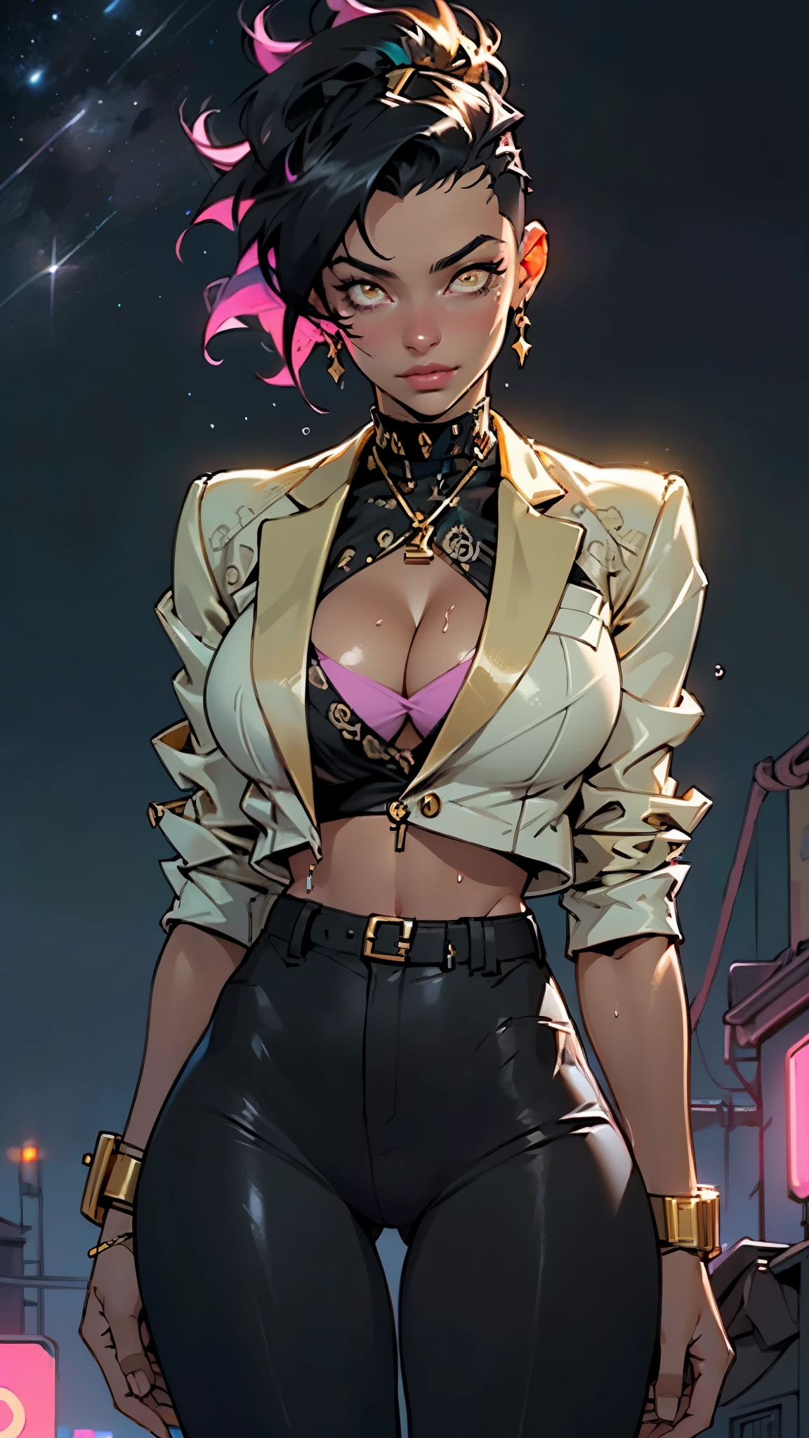 girl,((((black race)))),((beautiful girl)),

(large breasts:1.4),saggy breasts,(((black hair:1.4,hi-top fade Haircut:1.4,hi-top fade:1.3,Mohawk))),(((golden_eyes:1.3))),intricate eyes,beautiful detailed eyes,symmetrical eyes,((fat)),(((an,dark skin,black skin:1.35,dark-skinned_female,dark skin:1.3,ebony skin,lustrous skin:1.5,bright skin: 1.5,shiny skin,very shiny skin,shiny body,illuminated skin,wet legs))),(spider lower abdomen,narrow waist,wide hip,imbo body,inflated legs, thick thighs,detailed body,(detailed face)),

cute,slutty,seductive,erotic,(((nsfw))),evil woman, villain, ambitious look,

(((golden formal blazer,black formal pants,))),(((huge cleavage,deep neckline,cleavage))),((wet clothes,intricate outfit,intricate clothes)),

(dynamic pose:1.0),solo focus,((smug)),(centered,scale to fit dimensions,Rule of thirds),

cyberpunk city by the ocean at night, with bright neon signs and dark stormy clouds and puddles, scenery:1.25,nighttime, starry night, cosmos,Very dark night that makes the neon lights stand out, very bright neon lights,nighttime, starry night, cosmos,

highres, sharp focus, (ultra detailed, extremely detailed), (photorealistic artwork:1.37),(extremely detailed CG unity 8k wallpaper),((synthwave background theme)),(((vibrant colors))),(intricate background),(masterpiece),(best quality),
