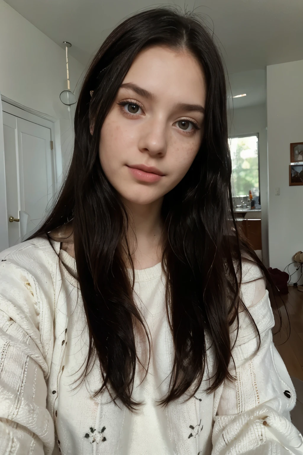 Russian features, very black black hair, pink lips, very white skin, light eyes, beautiful face, delicate features, casual girl, long hair, straight hair, freckles and facial details, beautiful face, home selfie, face selfie, photo casual, bright natural light, natural photo, knitted pajama sweater, pajama selfie, headshot, Russian face.