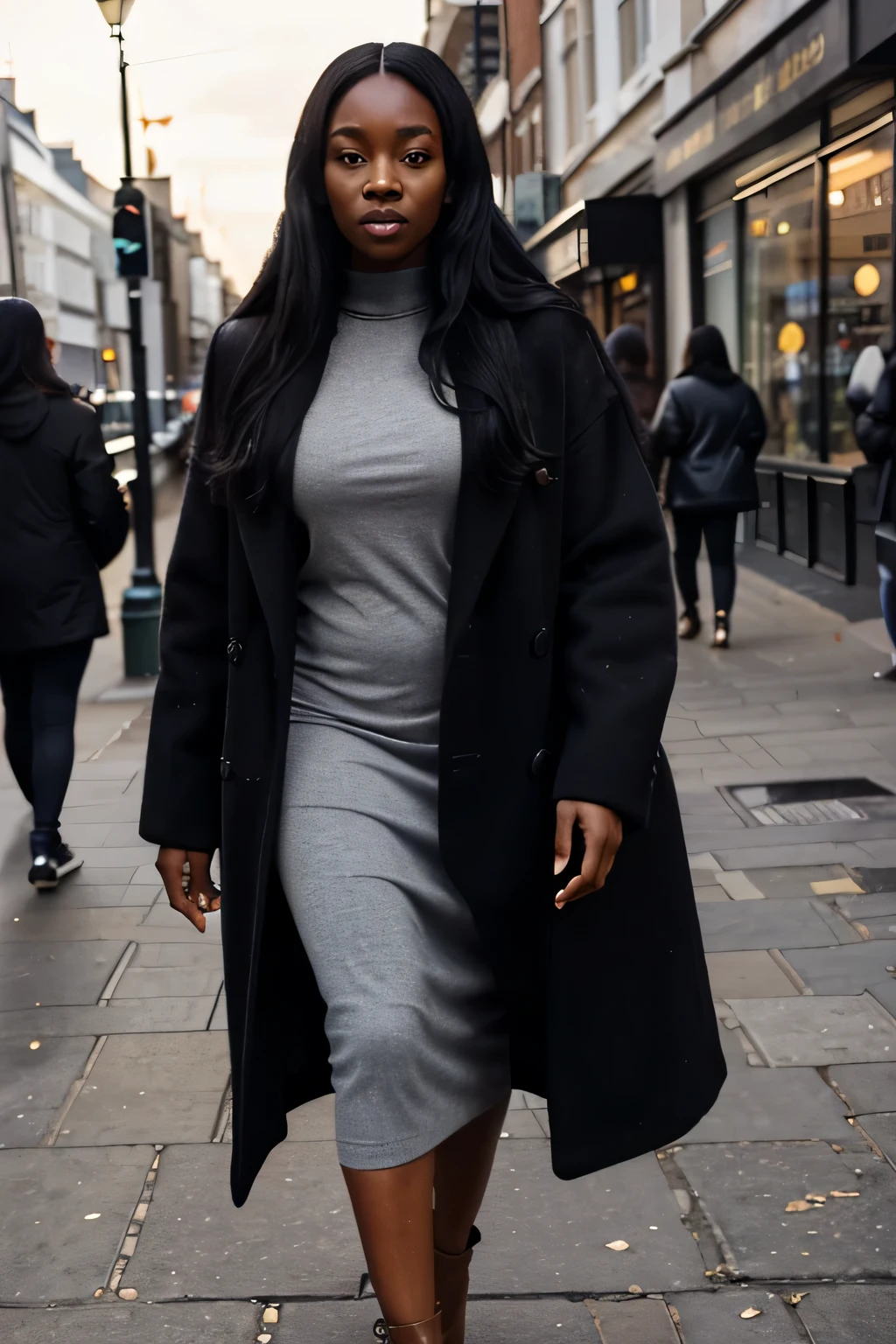 a young African influencer aged 40 with straight long black hair a radiant dark complexion ,wearing plain winter clothing , highlighting her slightly slender African curves and with the face of an angel, standing in london streets