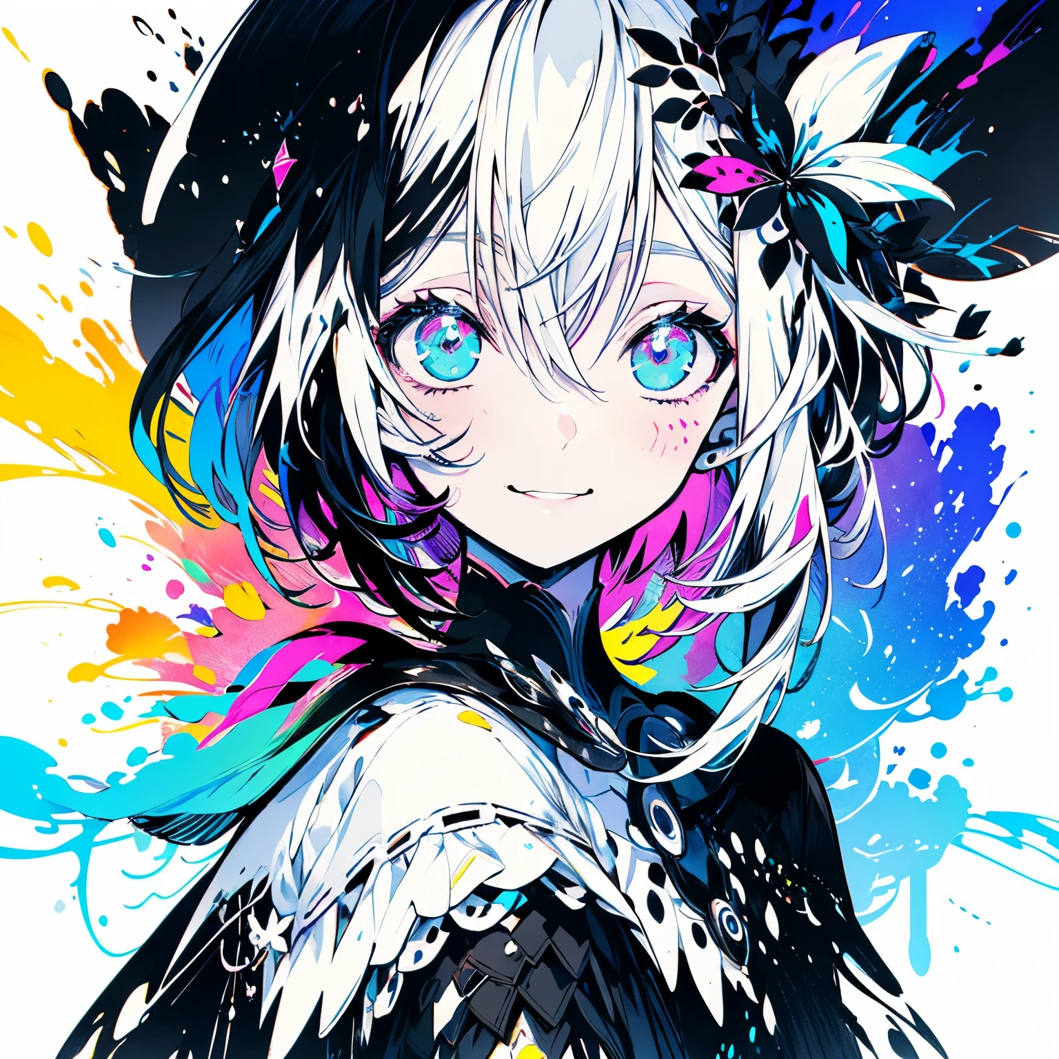 (Very bright:1.1), white background, [1 girl:7], (head tilt:1.2),smile、 ([sketch|watercolor \(Moderate\)]:1.15), (Inkblot:1.1), (pale:1.2),  vector trace, Gradient Blending, look back、Bright colors,((colorful))、flower、 That's excellent, very detailed, Complex, (Extremely low contrast:1.4)