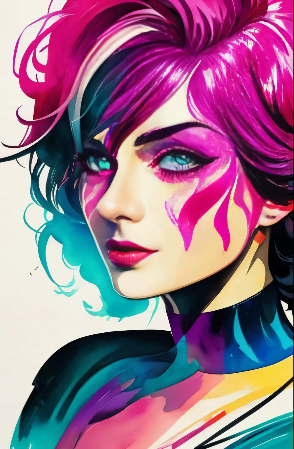 Painting of a woman with a magenta and white face, Sylvia Pelissero watercolors, tumbler, figurative art, Intense watercolor painting, watercolor detailed art, Watercolor Splash, surreal, Avant-garde pop art, Beautiful and expressive paintings, Beautiful artwork illustration, very colorful tones, wonderful, cool beauty, highest quality,official art, women only, sharp outline, best shot, vector art, Written by Sandra Chevrier, Dave McKean、by Richard Avedon、Written by Makiezi Kusiala