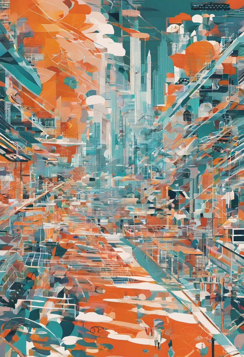 "Develop a digital artwork that captures the fusion of contemporary urban chaos and the serenity of nature, incorporating elements of futuristic technology and organic elements. Explore a contrasting color palette to convey the duality between the technological world and the natural environment. Integrate abstract geometric shapes with organic patterns, providing a sense of balance between the artificial and the natural. Feel free to incorporate surreal elements that challenge the traditional perception of space. A obra deve evocar uma atmosfera intrigante e provocativa, encouraging contemplation on the interaction between man and the environment that surrounds him."