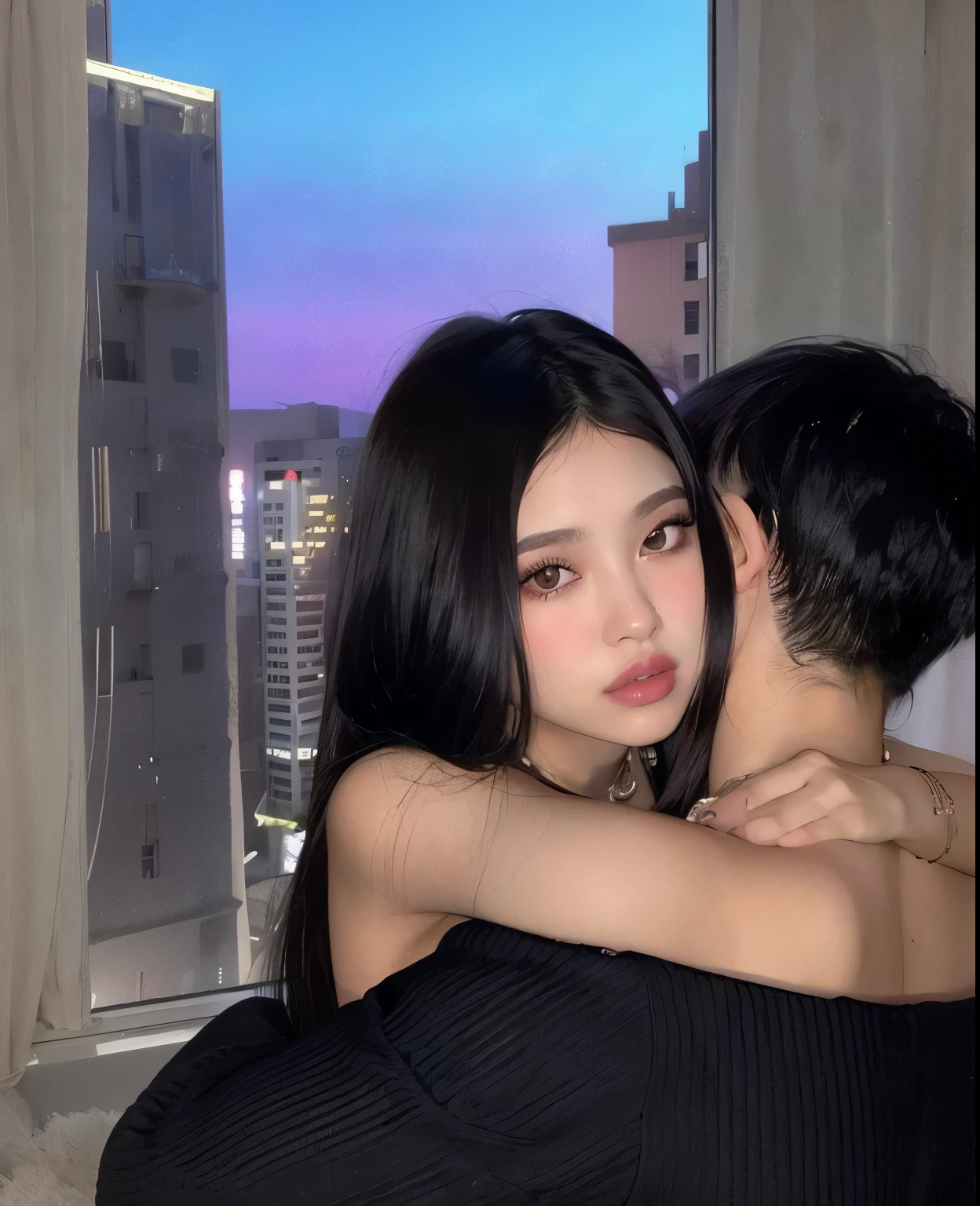 se abrazan frente a una ventana con vistas a la ciudad, brazo alrededor de su cuello, aykut aydogdu, cerveza madison, 18 years, Imagen de alta calidad, her face looks like an orchid, bella poarch, Kylie Jenner, asian girl, hermoso y estetico, imagen de muy muy baja calidad, foto de perfil, novia rusa, ava max
