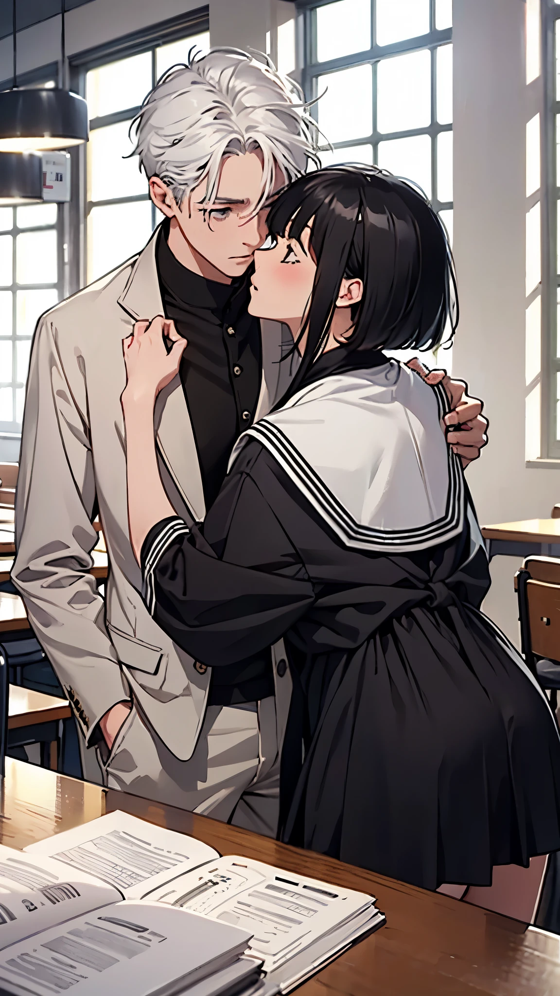 The girl is a girl with black hair and a bob sailor suit.、The man is a 40-year-old teacher with short, white hair.、man and woman in love、Hotel、NSFW、Height difference、kissing、teacher and student in love