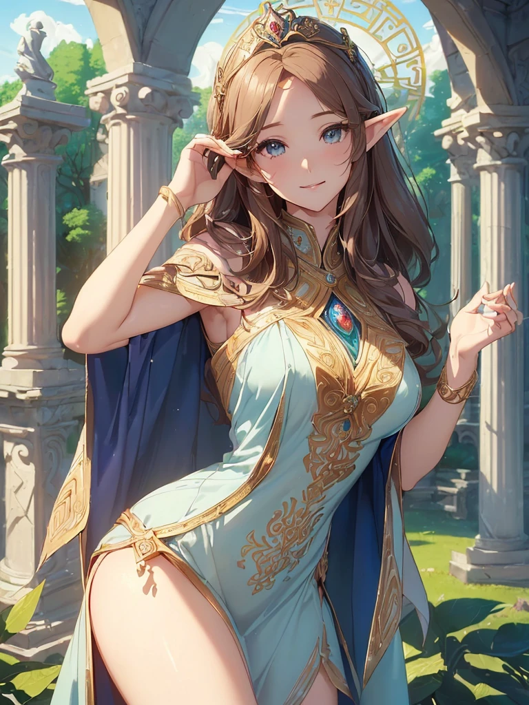 highest quality、Highest image quality、But Tarpeace、Two super beautiful elf beauties who are close friends((24-years-old、vest bust、big bust、bust 90,beautiful long ironed hair、brown hair、globe、Sexy means、、slender、Close-up、Esbian、beautiful tiara、High quality、beautiful art、background spectacular scenery、great work、visual art、Depth of bounds written、blue sky、elf ears、、magic of light、space knight、harp melody🎵、A happy smile、gentle light、、Beautiful legs that are gentle on the skin、、、Number of fingers to achieve precise finger movements、ticker beautiful decoration、elegant、mystical　marble columns, beautiful dressy、byzantine art、art nouveau、temple of time、sundial、nsfw,A sexy is 1.3,Renaissance painting、Raphael&#39;s paintings、golden ratio、garden、Forest、forest、beautiful dress、Low - Angle、Close-up、、beautiful nature 1.8
