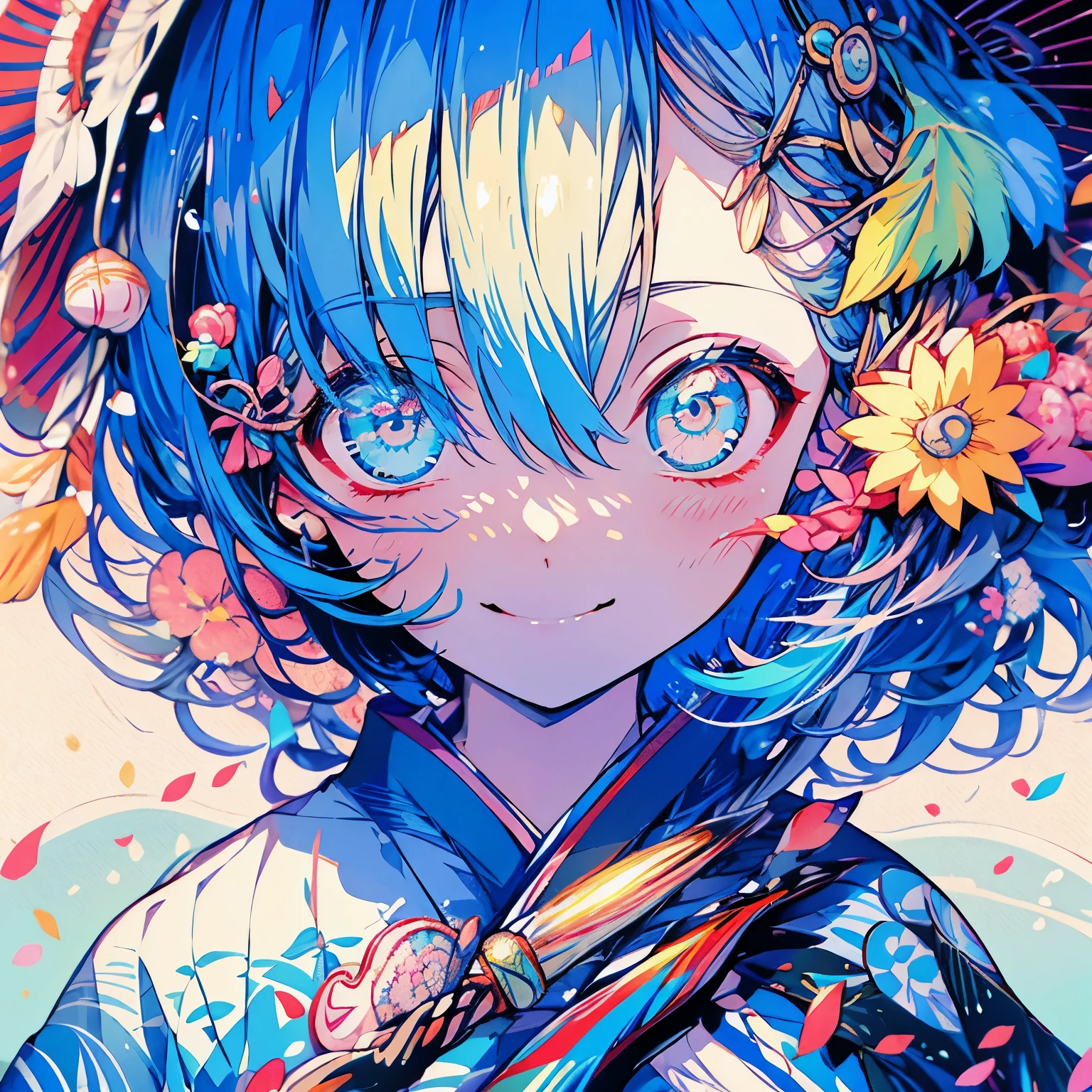 (((delicate eyes)))、(((zoom)))、smile、anime girl, short hair, 可愛いanime girl、rainbow colored hair,hair ornaments、kimono、smile、fractal art、Gwythe、Japanese umbrella