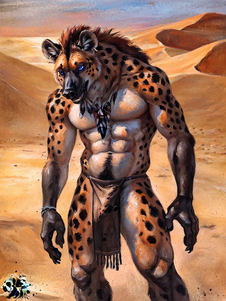 solo, anthro, Gnoll, male, mane fades to red, muscular, sexy, lustful expression, shaggy fur, thick fur, hyena tail, long penis imprint visible under tribal loincloth, loose tribal clothing, realistic clothing, sexy pose, realistic fur, beautiful eyes, perfect eyes, symmetrical eyes, blue eyes, (black retinas:1.2), detailed background, sahara desert background, dusk, realistic, photorealistic, ultra realistic, 8k, (by blotch),