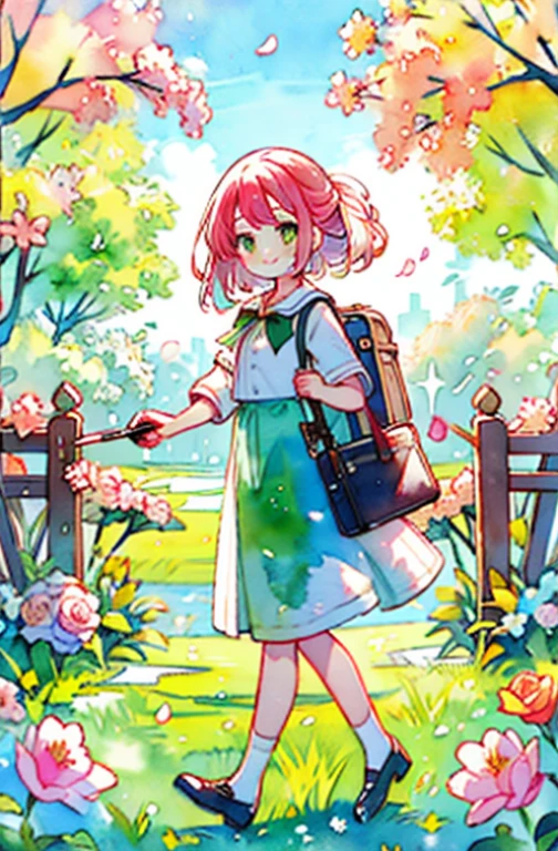 watercolor painting style、high school girl、rose、garden、stroll、spring、Bright colors、colorful flowers、calm expression、classic uniform、green grass、wood々、enjoy the scent、Quiet smile、Dreamy atmosphere