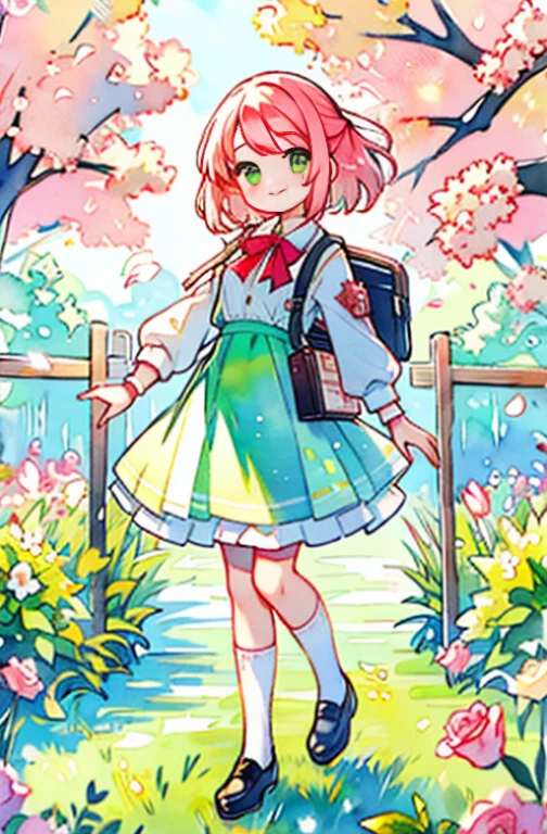 watercolor painting style、high school girl、rose、garden、stroll、spring、Bright colors、colorful flowers、calm expression、classic uniform、green grass、wood々、enjoy the scent、Quiet smile、Dreamy atmosphere
