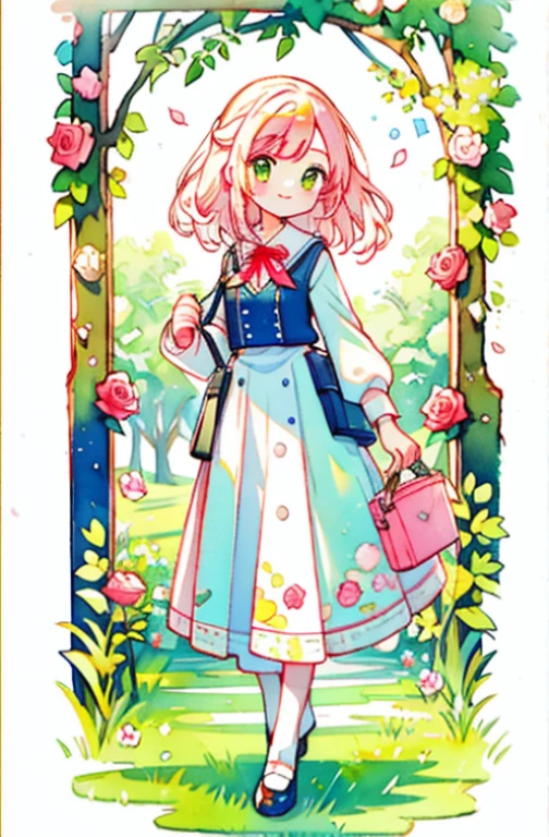 watercolor painting style、high school girl、rose、garden、stroll、spring、Bright colors、colorful flowers、calm expression、classic uniform、green grass、wood々、enjoy the scent、Quiet smile、Dreamy atmosphere