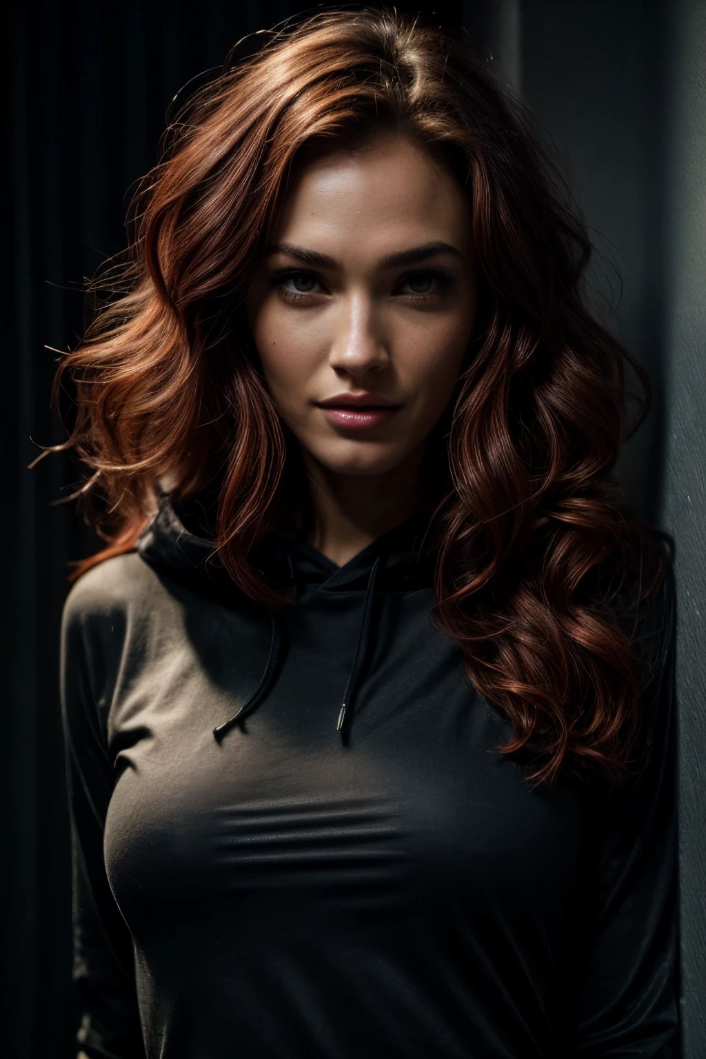 1 girl next door with coloured red hair, Mix out of 10% Megan Fox and 15% Gal Gadot and 20% Blake Lively, 172cm height, 68kg weight, soft curly intense red hair, clear real green eyes, long dark black real lashes, perfectly shaped dark black real eyebrows, dark caramel tanned real skin, slim and well-defined body, curvy body, elegant thin real nose, small real ears, full real lips, white real teeth, small soft ladylike real hands, painted fingernails, wearing black hoody and long black pants, high resolution, masterpiece, best quality, intricate high detail, highly detailed, sharp focus, detailed skin, realistic skin texture, real skin texture, detailed eyes, professional, real life, ultra-realistic, photorealism, photography, realistic photography, UHD, photo RAW
