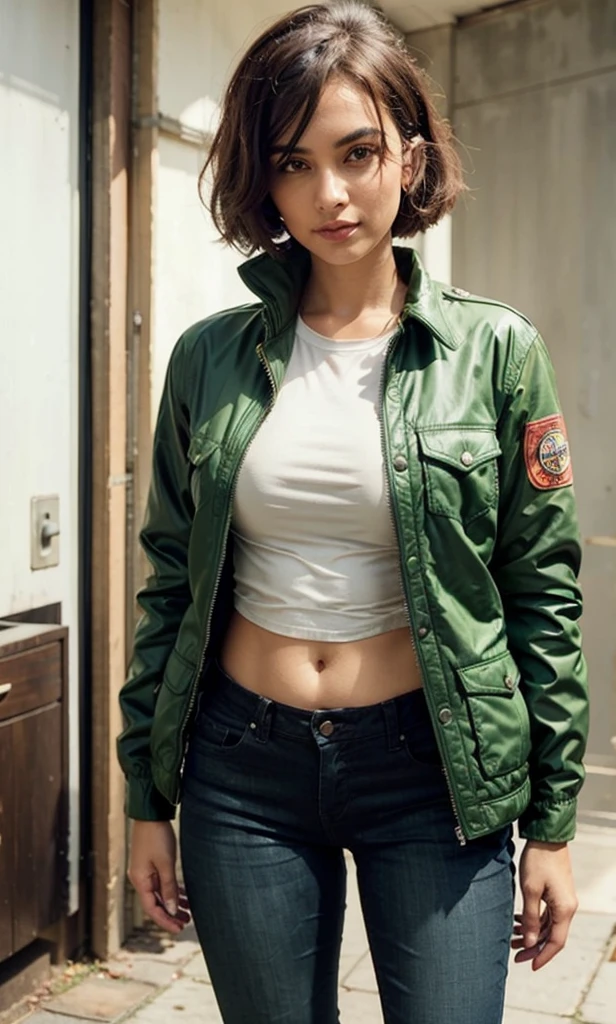 hay una mujer con una chaqueta negra y pantalones negros posando, dressed in short cuero jacket, she wears cuero jacket, dressed in cuero jacket, wearing cuero jacket, wearing a cuero jacket, in an old 1950s cuero jacket, dressed in biker cuero, wearing a full cuero outfit, pose satisfecha, traje ajustado, wearing cuero, cuero, cuero jacket