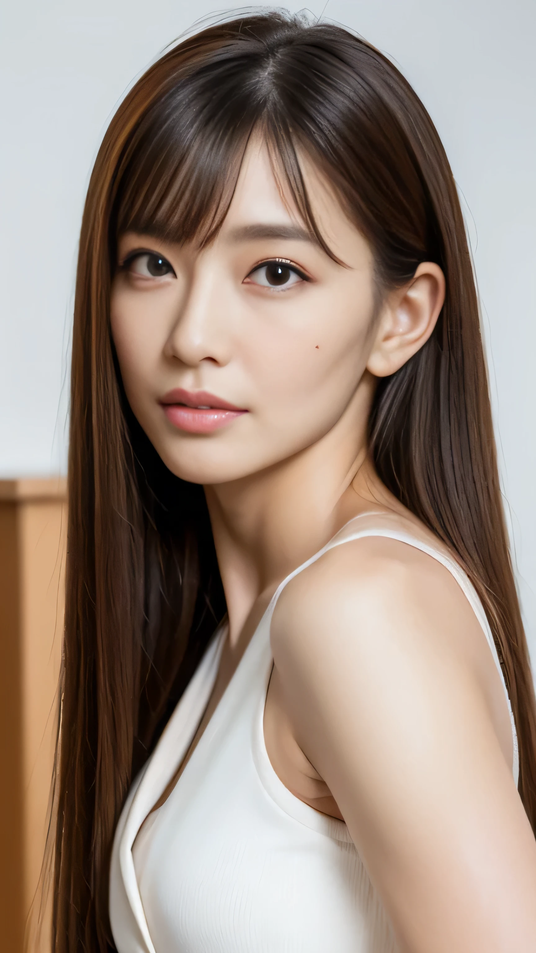 Masseter muscle part, highest quality, masterpiece, High resolution, Photoreal, (RAW photo), RAW photography, 4k wallpaper, perfection, professional lighting, very detailed, Depth of bounds written, ((one sexy and beautiful woman)), ((45 years old)), ((sexy woman wearing black business suit)), (upper body shot), ((small face)), (I have two small moles on my right cheek..:1.2), (A small mole under the left eye:1.5), (There is a mole on the right jaw:1.7), Viewer's line of sight, ((look into the viewer's eyes)), detailed face, beautiful eyes, (Office Staff Suit:1.5), (office room:1.7), (working in the office:1.7), (Twist your body slightly and sit in a sexy position), (bangs:1.5), (small chest:1.2), (Long straight light brown hair:1.2), (medium long hair:1.5), faint lips, (arm between legs), ((Protruding lips)), (detailed background:1.2),