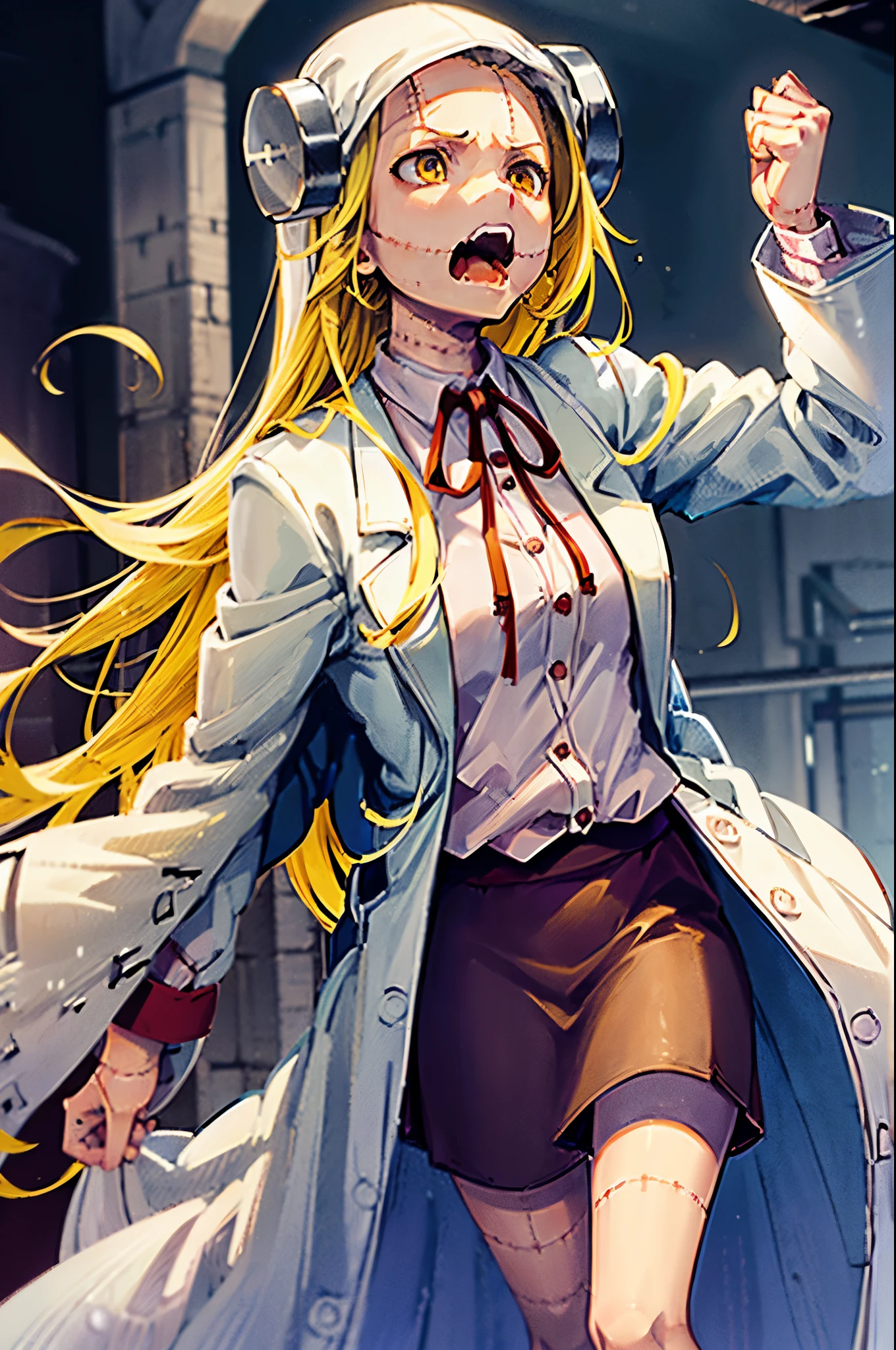 Madaraki_Fran,young woman,((((wearing a white lab coat)))),((screams)),long hair,yellow hair,seams,Scars on the body,(very angry),speaks to a person,(((furious)))