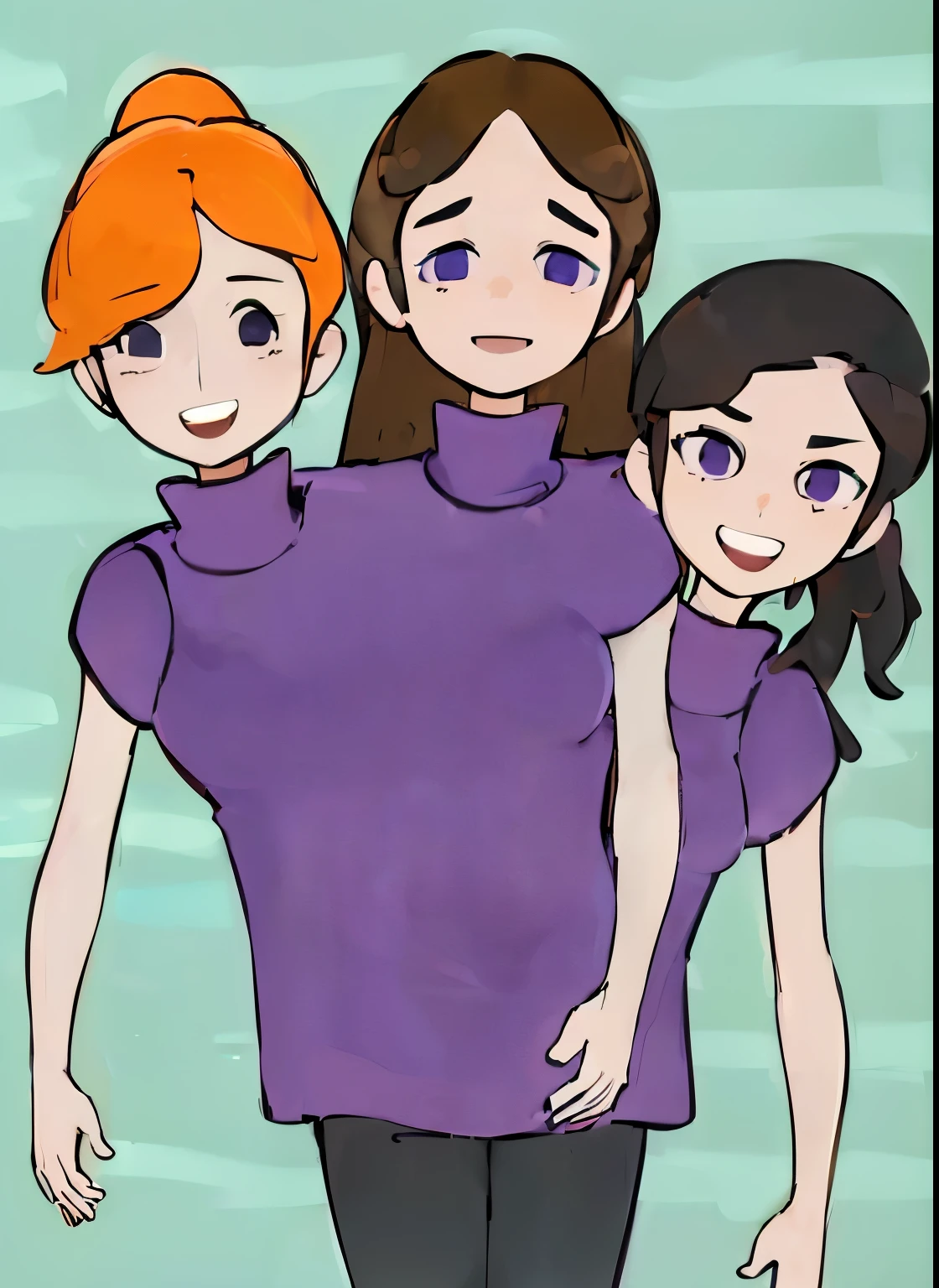 best quality, (masterpiece),(ultra-detailed), (high quality), (high resolution), (3heads:1.5) orange hair, brown hair, black hair, three headed woman, open mouths, ((smiling)),best quality:1.5, highres, UHD, 4K),, ((purple t shirt)), ((wearing black jeans)), Beautiful girl with accentuated slender abs, small breasts