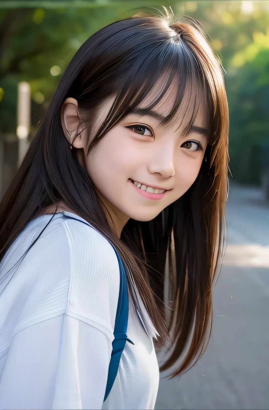 (highest quality、masterpiece:1.2)、highest quality、realistic、photograph、High resolution、1080P、8K、fine-textured skin、physical rendering、1 Japanese girl、Middle school students、cute、young face、curled hair、full of embarrassment、smile