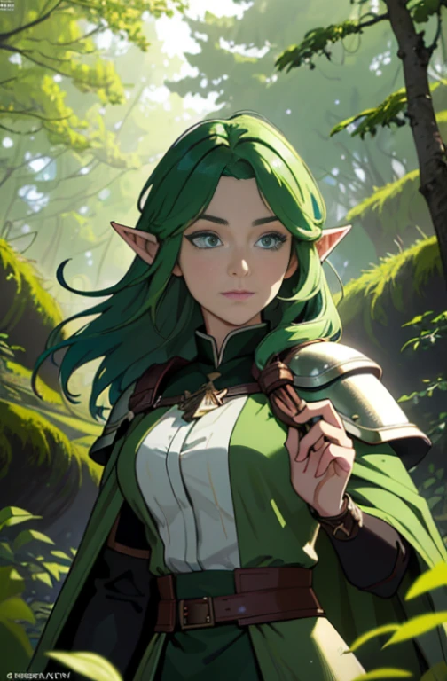 (masterpiece, best_quality, ultra-detailed, immaculate: 1.3), epic, illustration, wood elf scout, fantasy leather armor, green cloak, dark hair, ((colored hair)), very long, in a lush spring forest, bombshell hair, hair blowing in wind, cute determined expression, dense forest