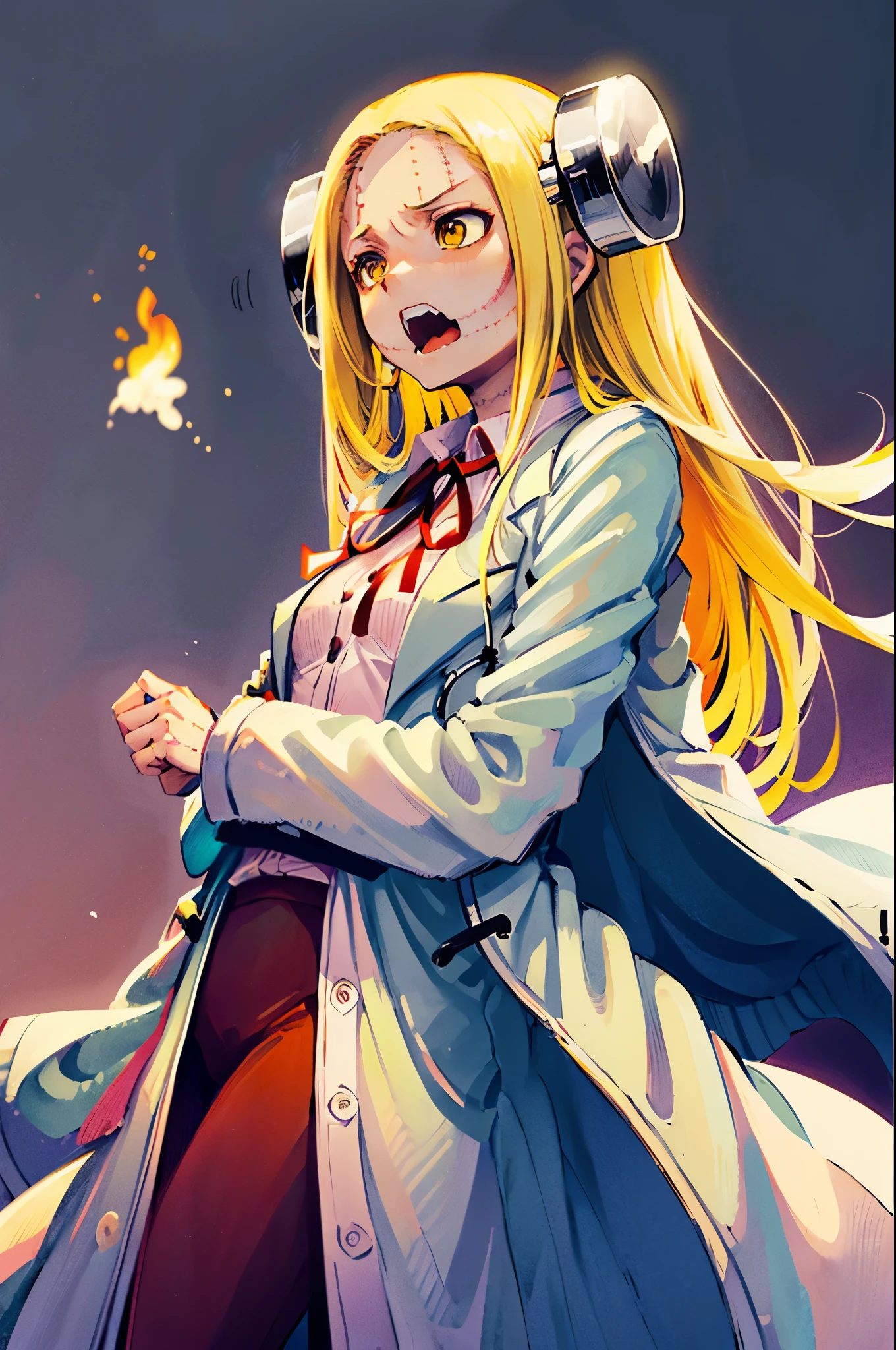 Madaraki_Fran,young woman,((((wearing a white lab coat)))),((screams)),long hair,gesticulates confidently,yellow hair,seams,Scars on the body,(very angry),speaks to a person,(((furious)))