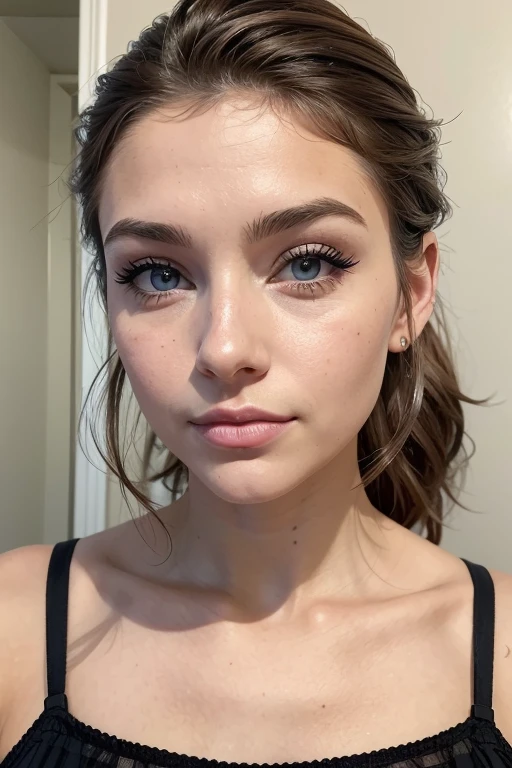 Belle fille, Marron_eyeeautiful mince adolescente de 18 ans, cheveux color [Brown highlights cheveux], [Pixie undercut] cheveux)), boucles d’oreilles, lèvres, Réaliste, taille étroite, charmant, pink lèvrestick, maquillage coloré, Cils longs, boucles d’oreilles, porter de l’eye-liner, peau claire, (mignon), (face détaillée), Yeux détaillés, Iris détaillé, corp magnifique, corps athlétique, abdominaux prononcés sur l&#39, pied 