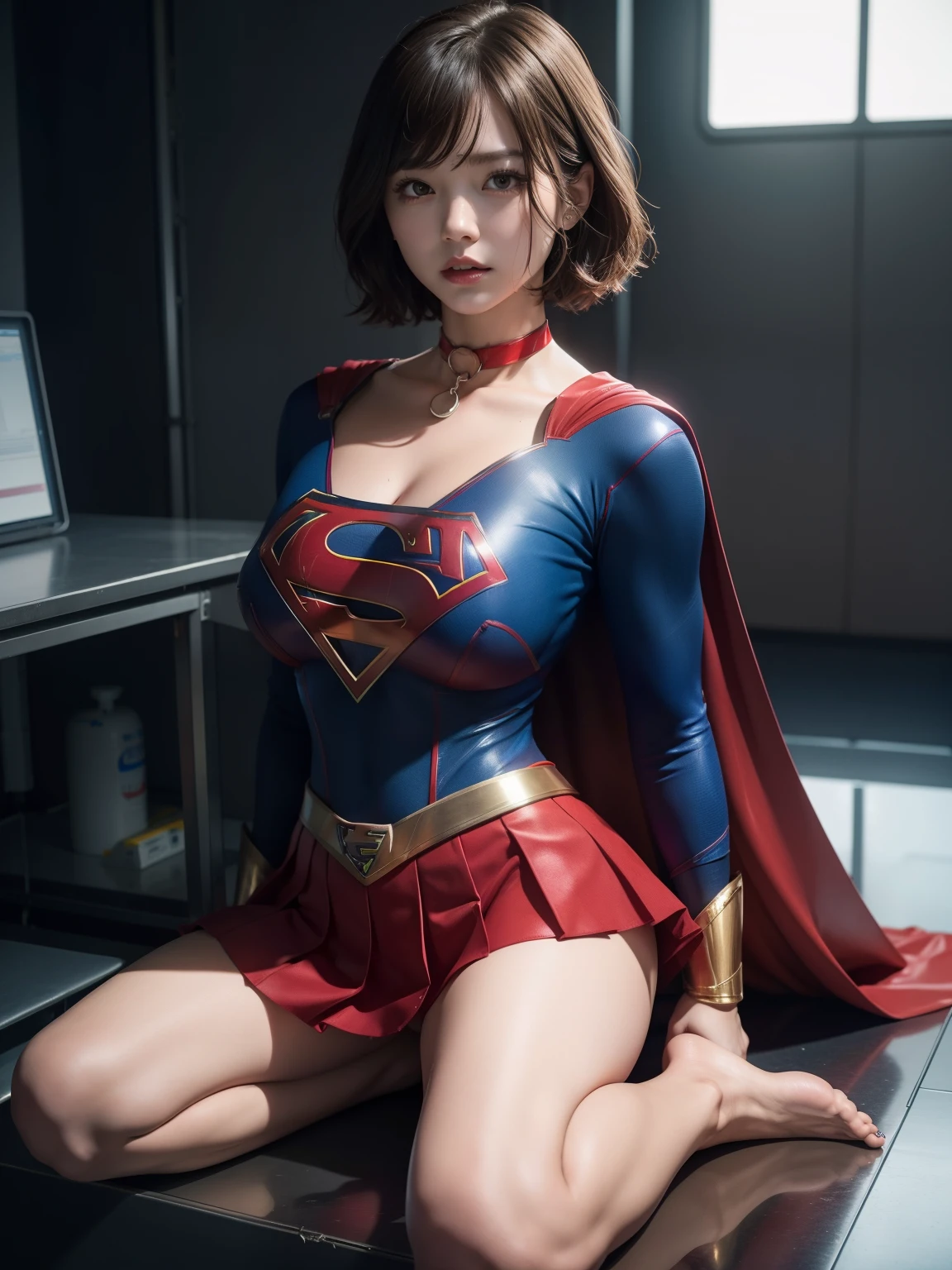 masterpiece、supergirl costume、short hair、barefoot、big and full breasts、Experimental Facilities、operating table、straddle、damaged、shiny、look at the camera、Seduce、choker、red mini skirt、long sleeve