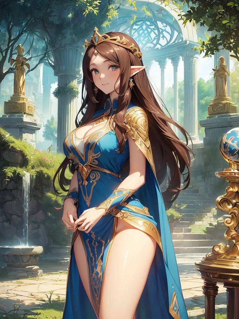 highest quality、Highest image quality、But Tarpeace、Two super beautiful elf beauties who are close friends((24-years-old、vest bust、big bust、bust 90,beautiful long ironed hair、brown hair、globe、Sexy means、、slender、Close-up、Esbian、beautiful tiara、High quality、beautiful art、background spectacular scenery、great work、visual art、Depth of bounds written、blue sky、elf ears、、magic of light、space knight、harp melody🎵、A happy smile、gentle light、、Beautiful legs that are gentle on the skin、、、Number of fingers to achieve precise finger movements、ticker beautiful decoration、elegant、mystical marble columns, beautiful dressy、byzantine art、art nouveau、temple of time、sundial、Beautiful decorated dresses,A sexy is 1.3,Renaissance painting、Raphael's paintings、golden ratio、garden、Forest、forest、beautiful dress、Low - Angle、Close-up、、beautiful nature 1.8、Relaxing